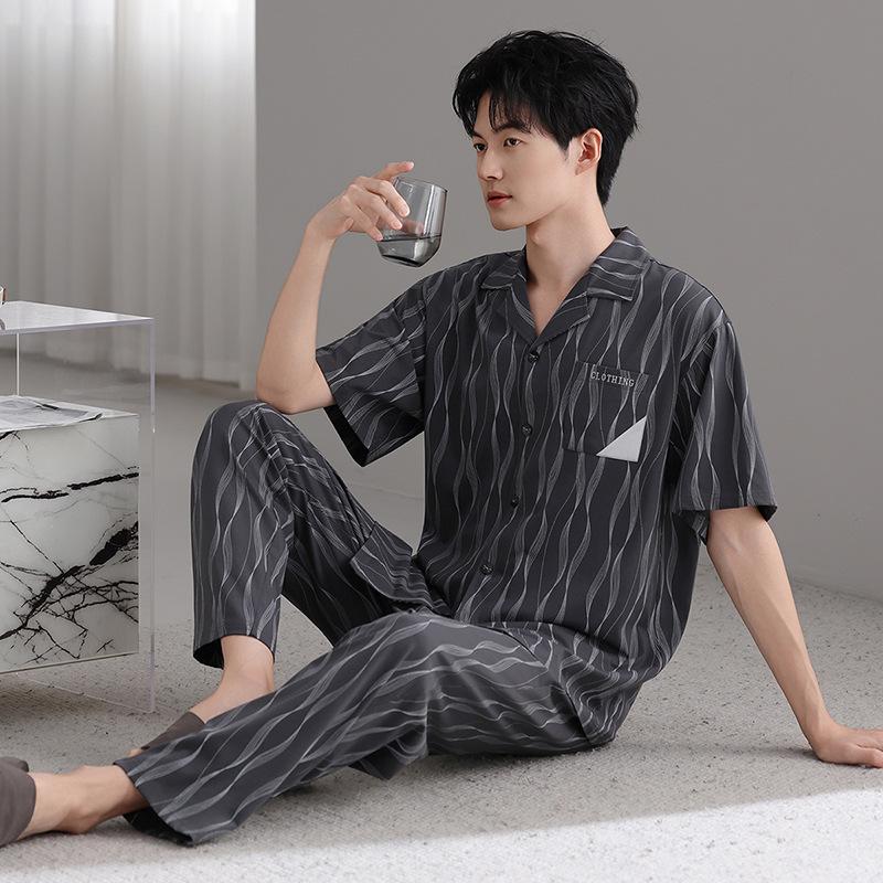 Modal men's pajamas summer thin short-sleeved trousers cold silk cool casual large size dad loungewear set