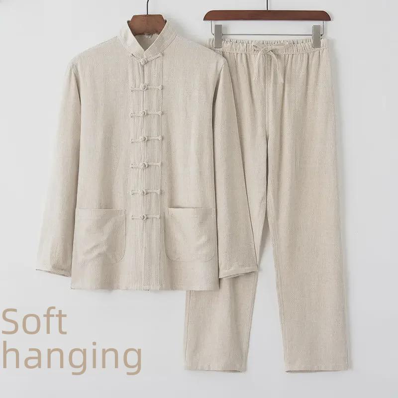 Men's Cotton Linen Tang Suit - Long Sleeve Chinese Style Retro Buttoned Tai Chi Outfit for Middle-Aged & Elderly