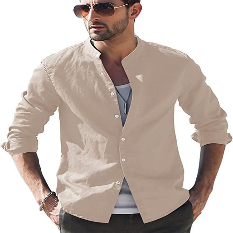 Mens Retro Casual Loose Long Sleeve Stand Collar Solid Shirt