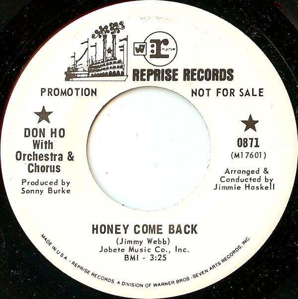 7inch Record DON HO - Honey Come Back / Sands Of Waikiki 0871PROMO Reprise Records 1969 Canada Pop Used