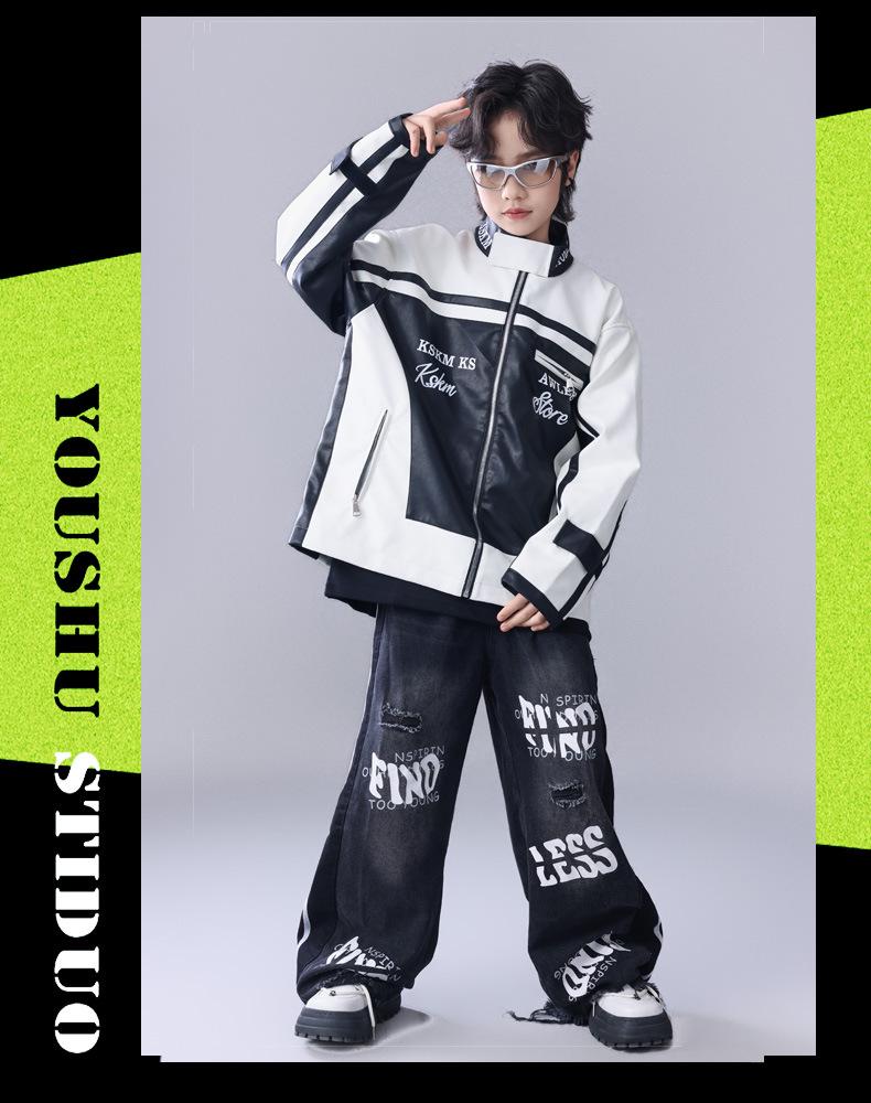 Neujahr Kinder Hip Hop Tanz Outfit - Amerikanische Trendige Lederjacke & Performance Set