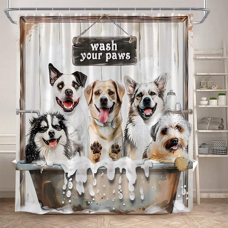 Funny Bathing Dogs Shower Curtain Bathtub Wash Your Paws Cute Pet Cartoon Animals Bath Curtains Fabric Bathroom Decor with Hooks