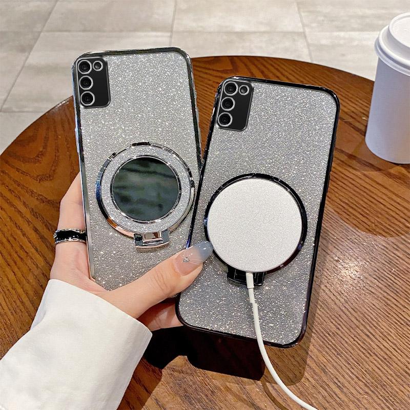 Luxury Cute Mirror Silicone Phone Case For Samsung Galaxy A04 A04E A05 A05S A06 A7 2018 Glitter Magnetic Stand Shockproof Cover