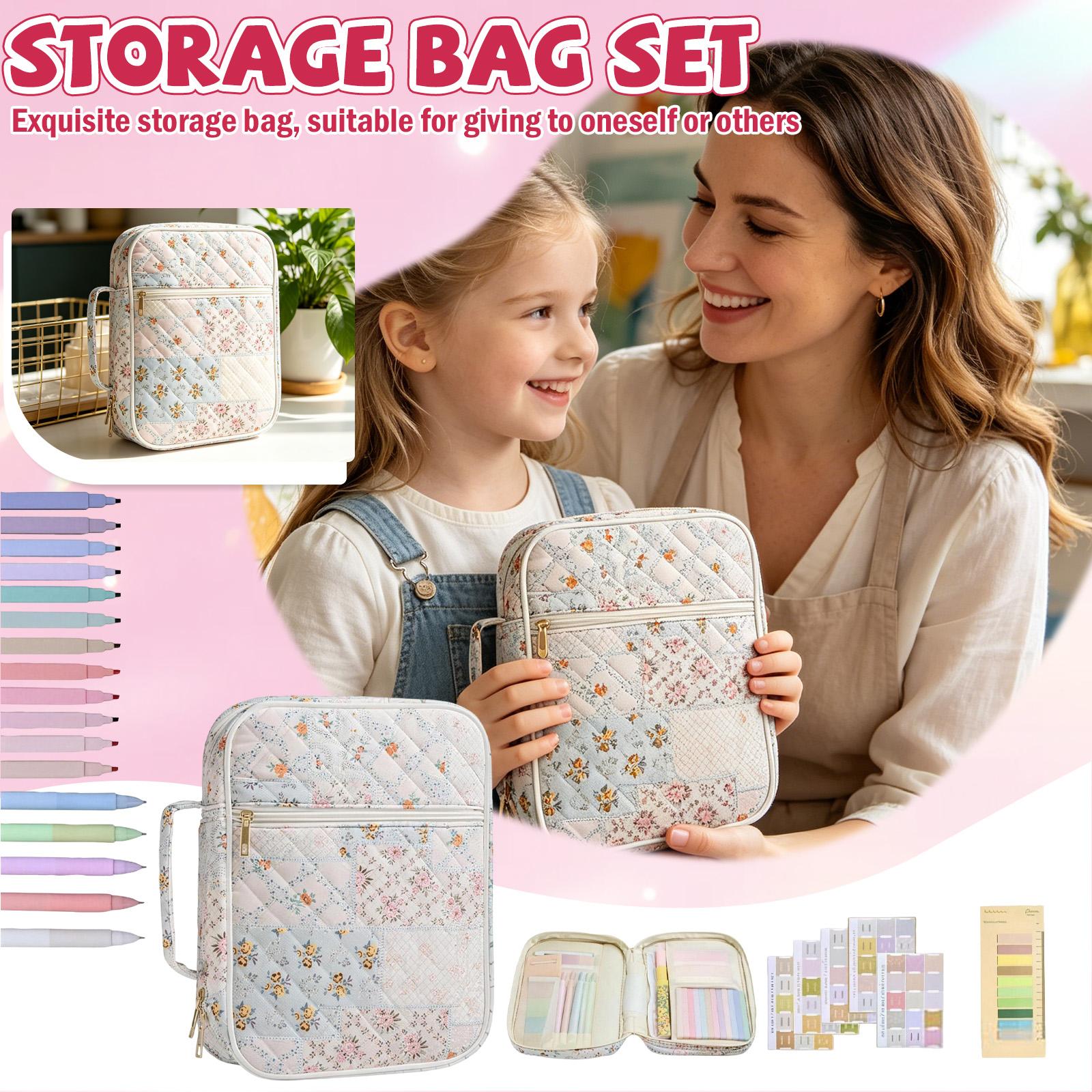 

Quilted Floral Pattern Stationery Organizer Set with Zippered Case Assorted Pens Sticky Notes and Highlighters for Office School Travel One Size