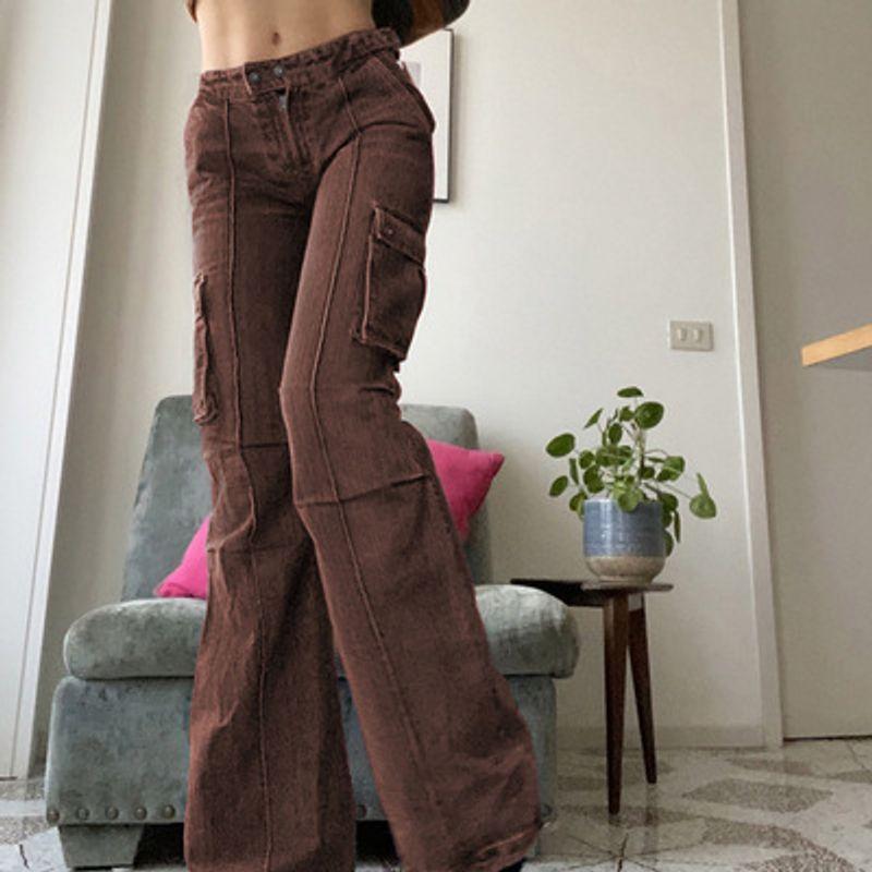 

Hip-Hop Patchwork Pocket High-Waist Jeans Micro Brown L