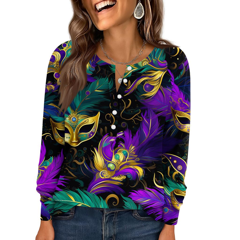 Women's Fashionable Loose Long Sleeved Carnival Printed Casual Top