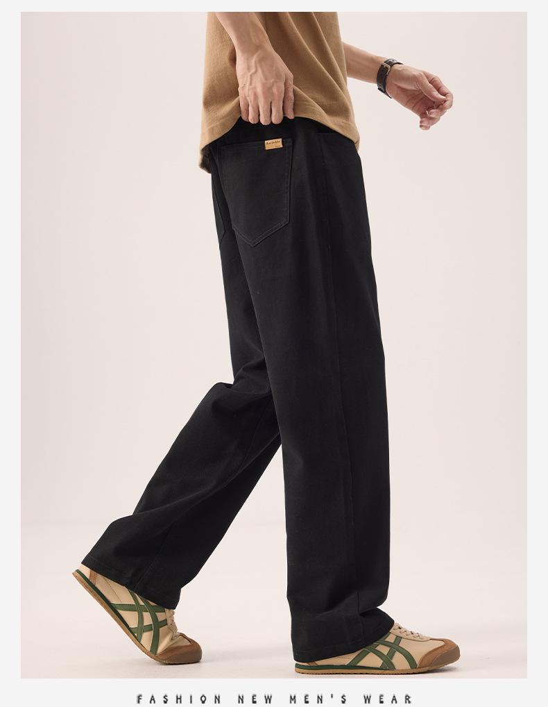 Men's All-Cotton Elastic Waist Wide-Leg Casual Pants - Solid Color, Floor-Length, Autumn Style