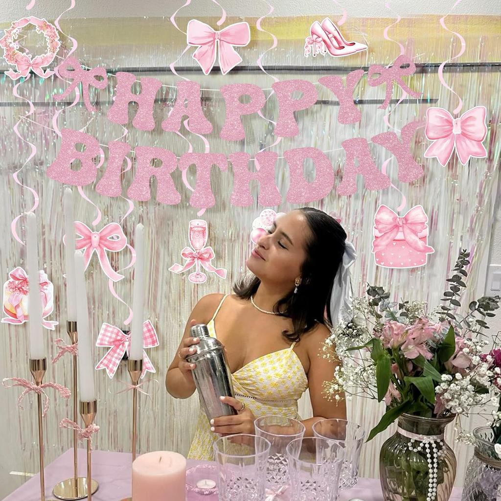 25 Pcs Pink Bow Birthday Party Decorations Glitter Happy Birthday Banner Garland Pink Hanging Swirls Bow Themed Party Decor Streamers for Girls Women