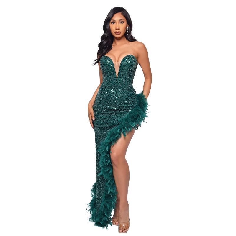 Women's Dress Long Haute Couture Strapless Backless Sequin Dress Feather Patchwork Gown