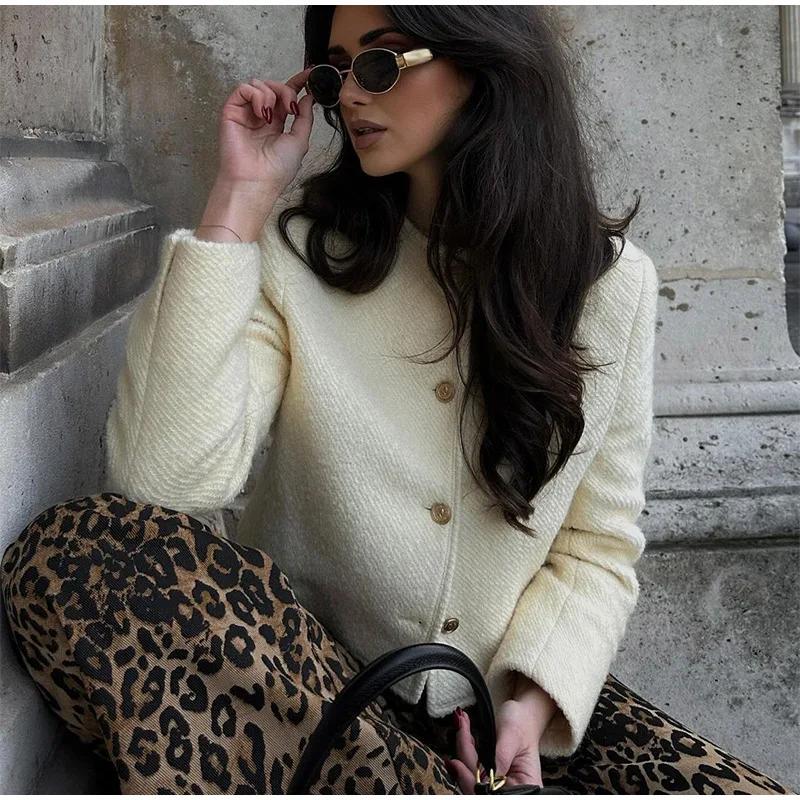 Осенний элегантный твидовый пиджак женский винтажный шерстяной однобортный с круглым — фото 3