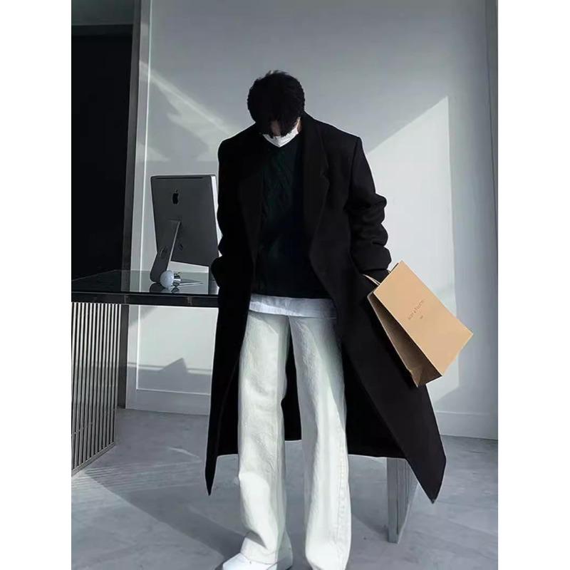 Men's Black Mid-Length Woolen Trench Coat – Autumn/Winter Loose Fit, Thickened Korean Style.