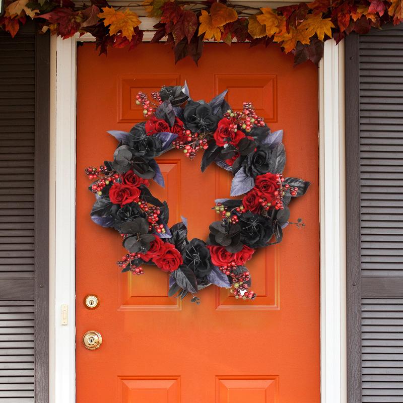 Zhongran Halloween Black And Red Fruit Rose Wreath Door Pendant Festive Dead Branch Rattan Atmosphere Decoration Props