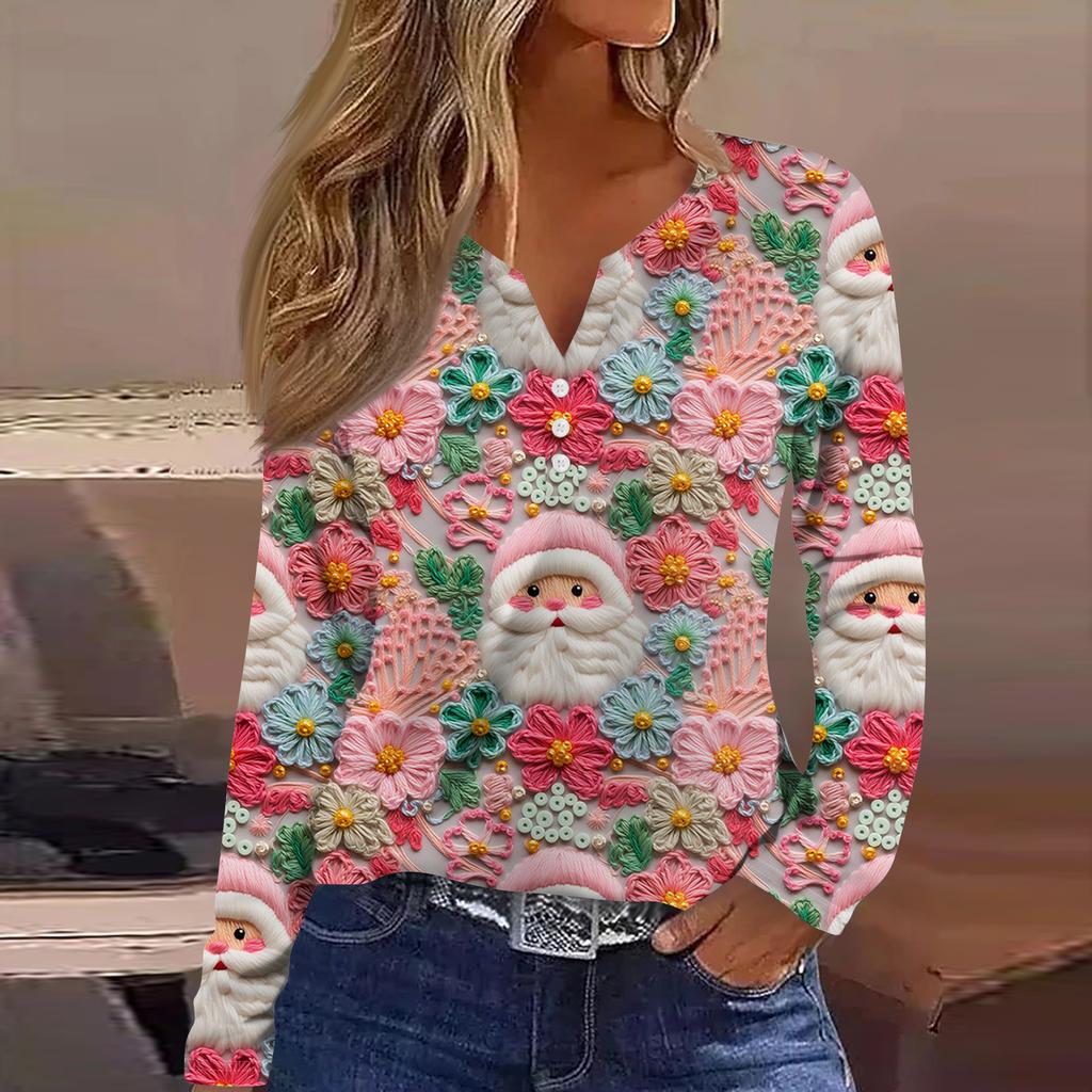Women's Fashion Casual V-Neck Button-Up Long-Sleeve T-Shirt With Christmas Print Top