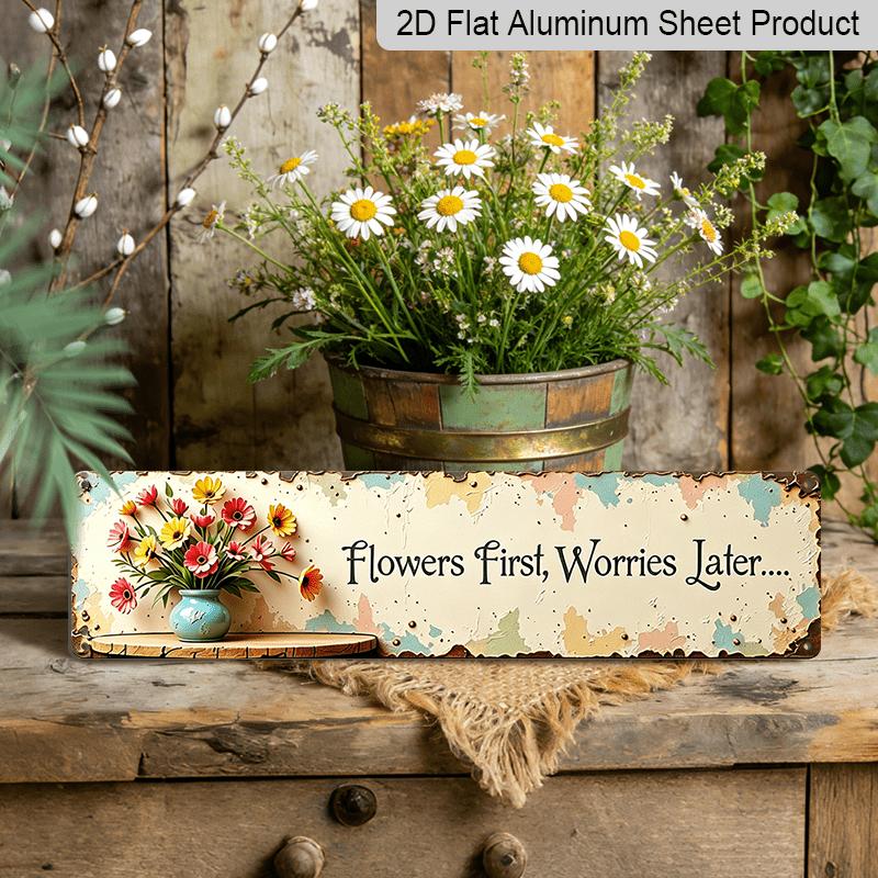2D Flat, Rustic European Aluminium Decorative Sign with Vibrant Daisy Flower Vase & Motivational Quote - Irregular-Shaped Suitable For, Cafe, Hotel