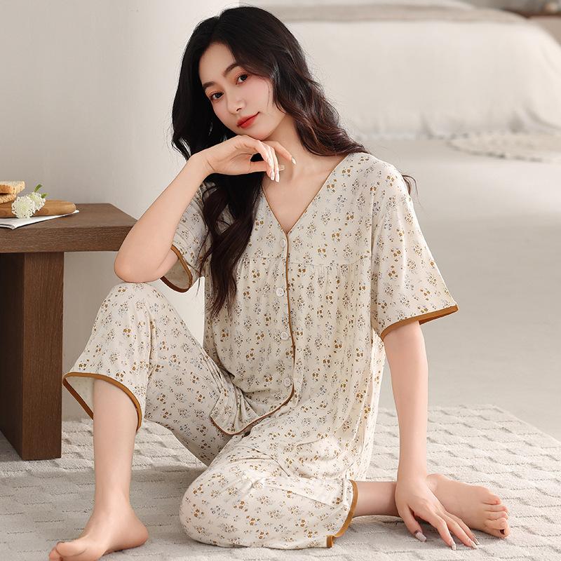 Pajamas women's summer Modal short-sleeved cropped pants thin summer new cotton silk can be worn outside plus size loungewear