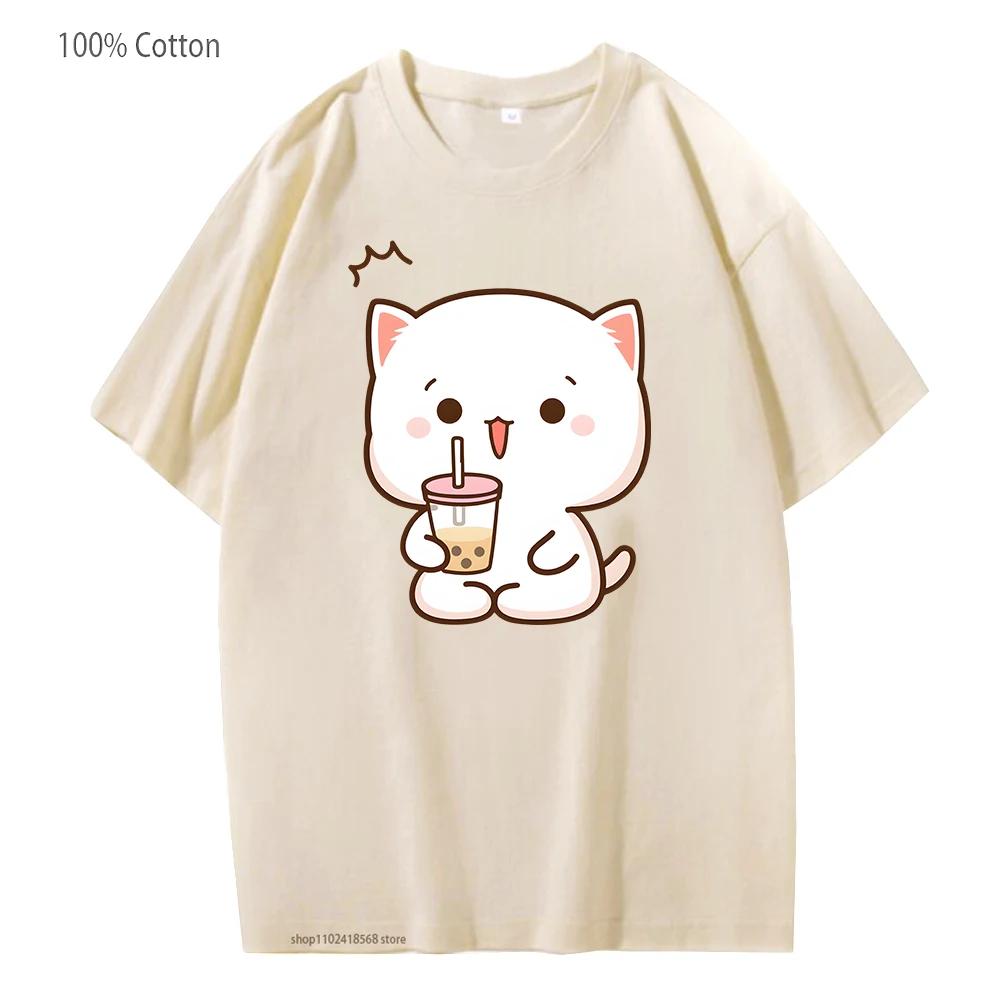 Camisetas Estampadas Gato Pêssego Femininas Mochi Bebida Chá de Bolhas Camiseta Desenho Animado Kawaii Tops para Meninas 100% Algodão Camisetas Roupas Gráficas Fofas
