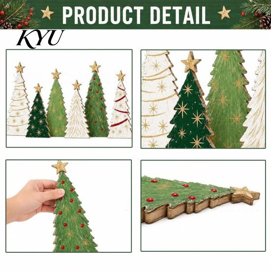 Hand Painted Holiday Table Decor 6Pcs Wooden Christmas Tree Tabletop Set, Rustic Star Topped Decorations Mini Figurines, Farmhouse Xmas Mantel