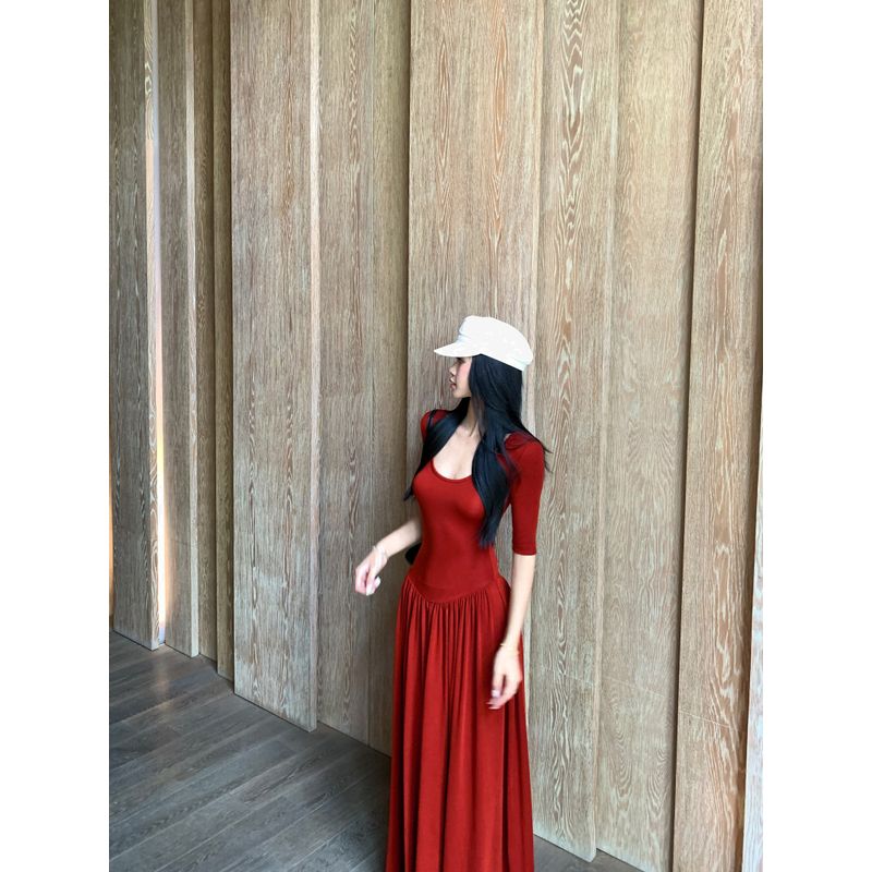 Kumikumi Simple Elegant U-Collar Short sleeve One piece Dress Women clothing Summer Niche Chic Slimming Large Swing Skirt Long dress