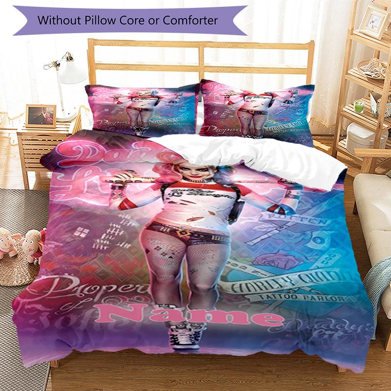 3pcs Custom Name Harley Quinn Bedding Set Duvet Cover Closure Includes 1 Duvet Cover & 2 Pillowcases, Soft and Comfortable for All Seasons.