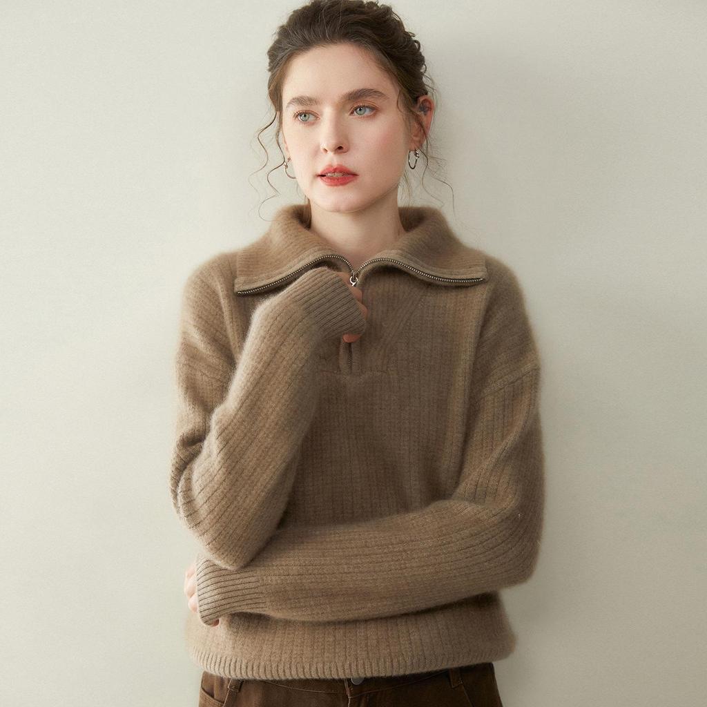 Women's Cashmere Stand Collar Zipper Sweater - Loose Fit Pullover & Cardigan