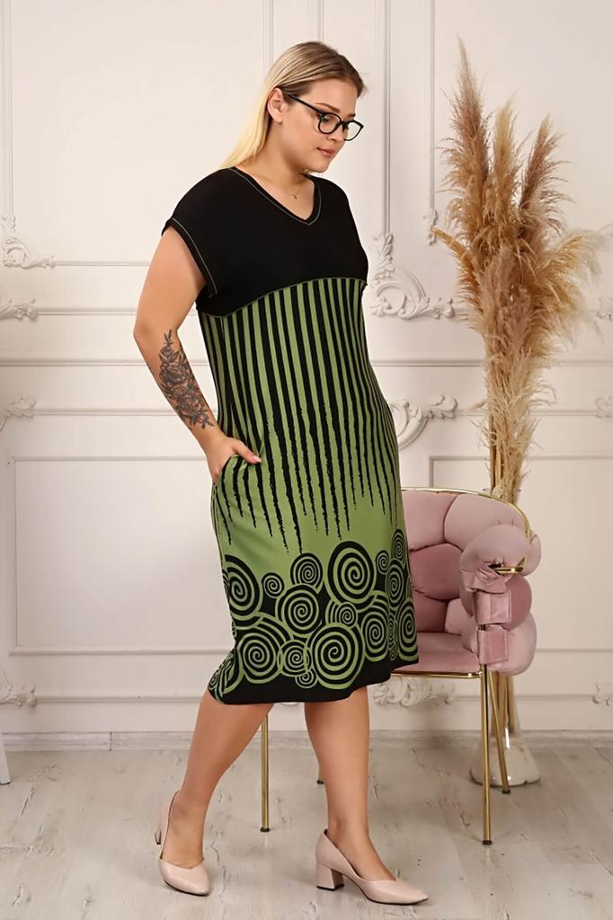 Women's Big Size Dress Striped Plus Size Dress - Khaki