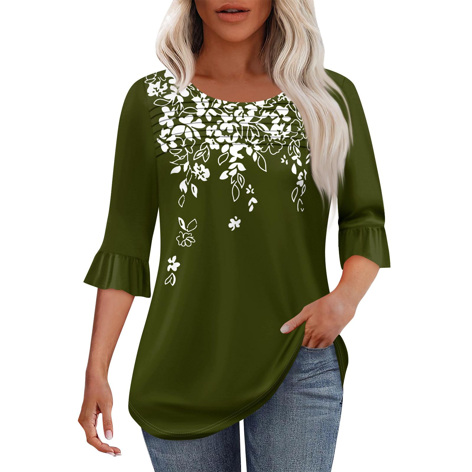 

Женская мода круглый вырез шея плиссированный спереди напечатанные точки расклешенный топ рукав 3/4 XXXL