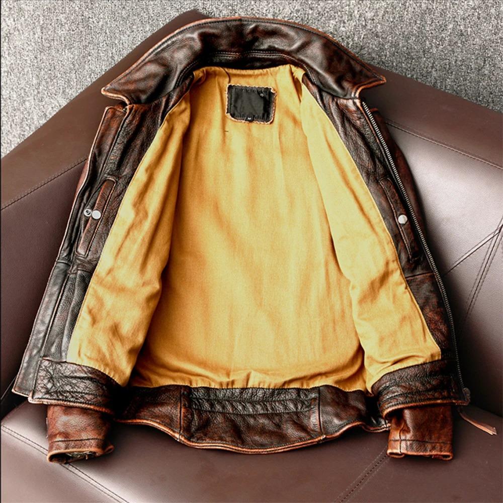 Tamanho chinês Homens Jaqueta de couro genuíno Vintage Marrom 100% Couro de vaca Casaco Homem Slim Moda Motociclista Roupas Tamanho asiático S-6XL M697