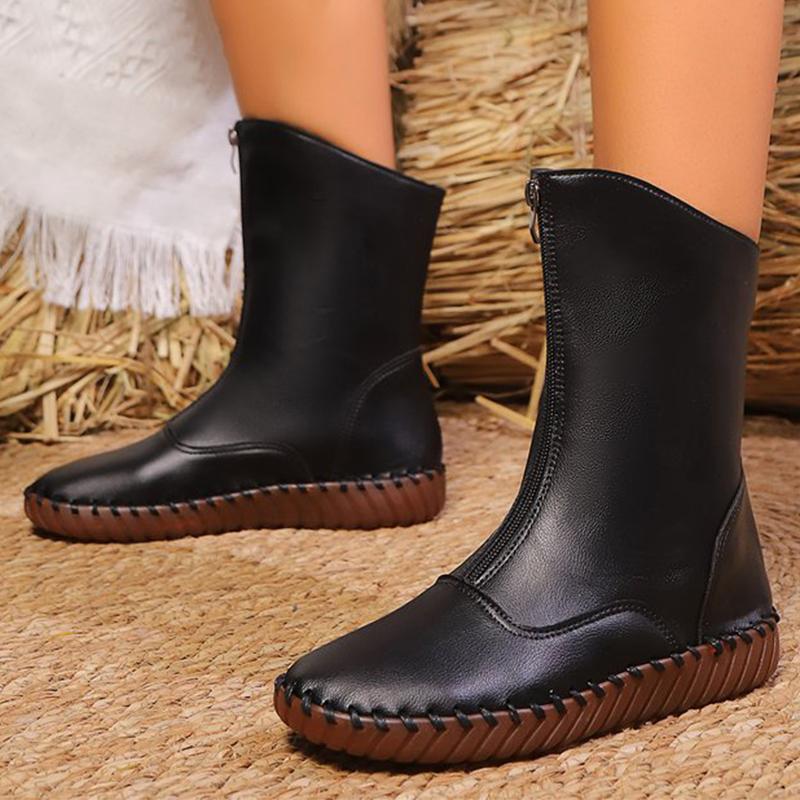 Fashion Vintage Pu Leather Mid-Calf Boots Women Winter Thick Warm Short Plush Boots Woman Zipper Flat Heel Beige Black Botas Mujer