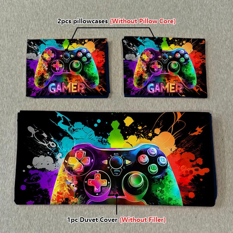 3-teiliges Bettwäscheset mit ölfarbenem Spielkonsolen-Motiv, bestehend aus 1 Bettbezug und 2 Kissenbezügen, Digitaldruck, komfortablem und weichem Stoff