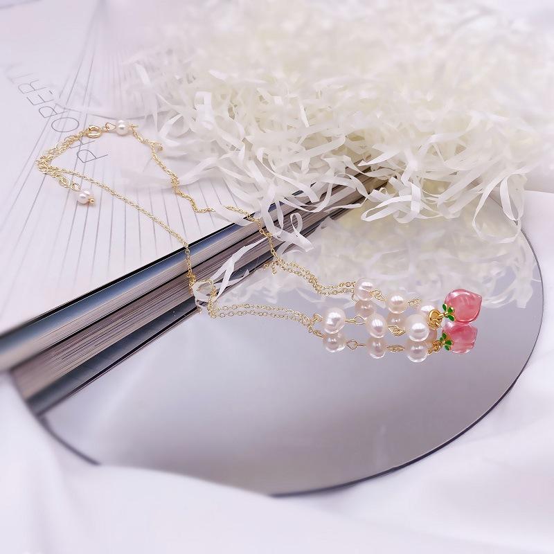Light luxury Nanhong peach necklace Dongdaemun freshwater pearl collarbone chain versatile trend necklace