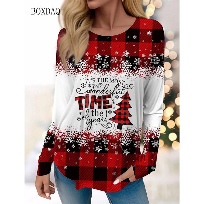Christmas Style Women T-Shirts Autumn Winter Long Sleeve Plaid 3D Print S