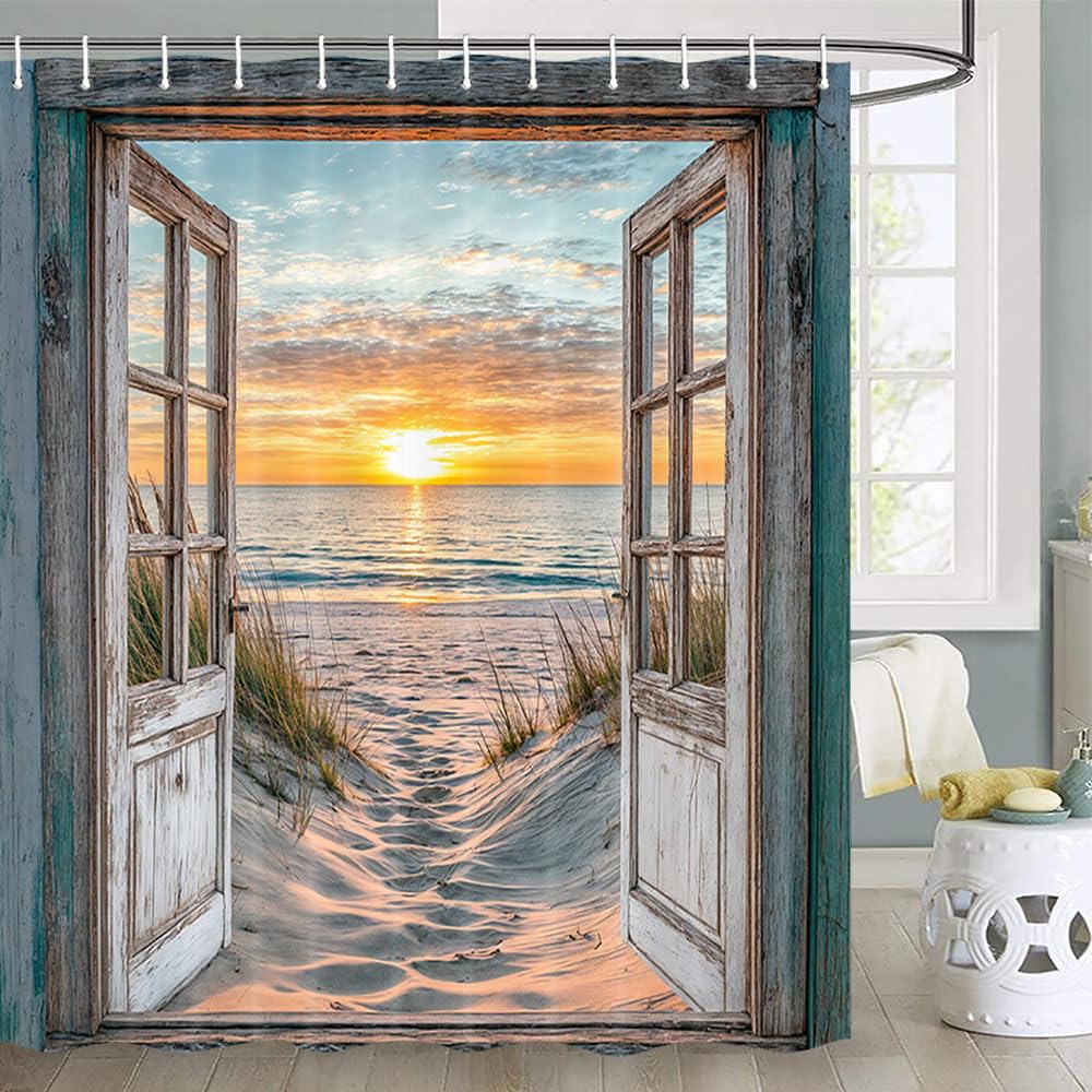 Beach Ocean Theme Shower Curtain for Bathroom Sunrise Sunset View Scene Hawaii Seashore Summer Coastal Seaside Seascape Decor