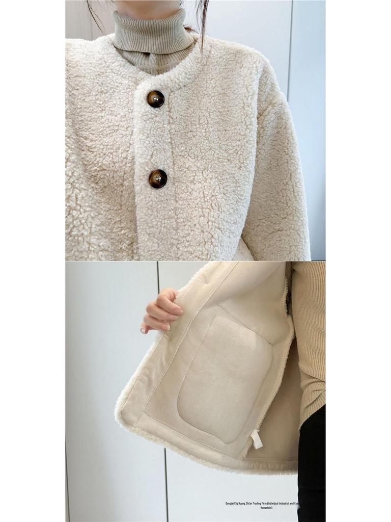Women's Shearling Coat 2025 Autumn/Winter: Versatile Korean Style, Age-Reducing Loose Fit, Round Neck Top