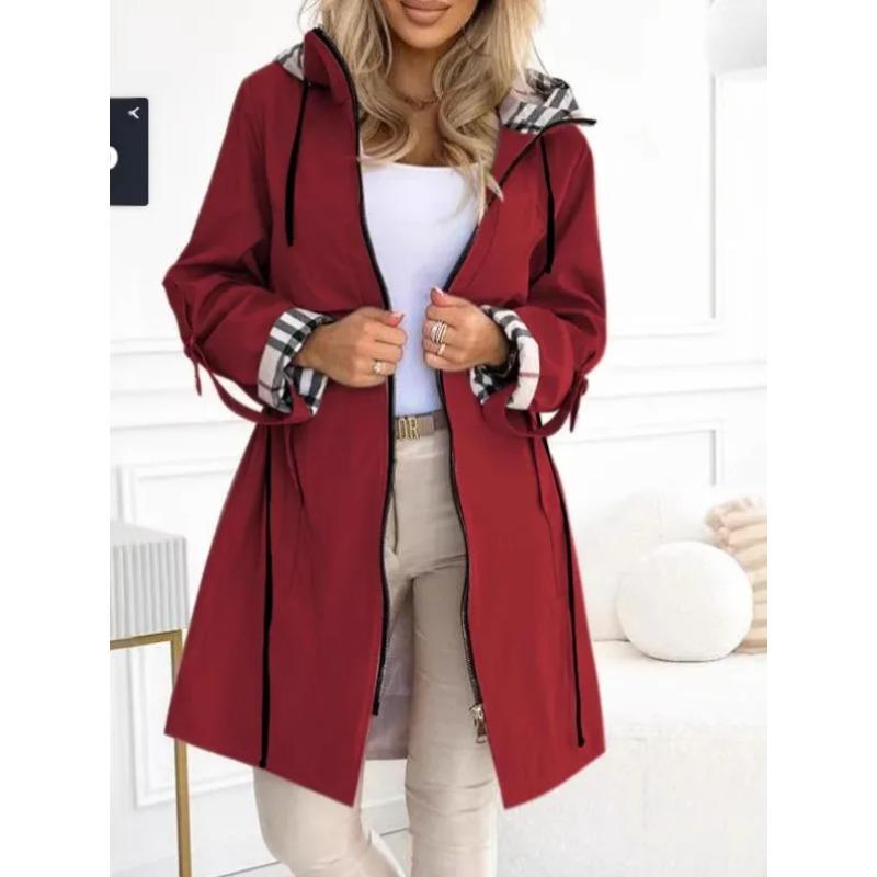 Fashion Trench Coat Women Autumn Winter Solid Color Casual Street Style Cardigan Long-sleeved Hooded Plaid