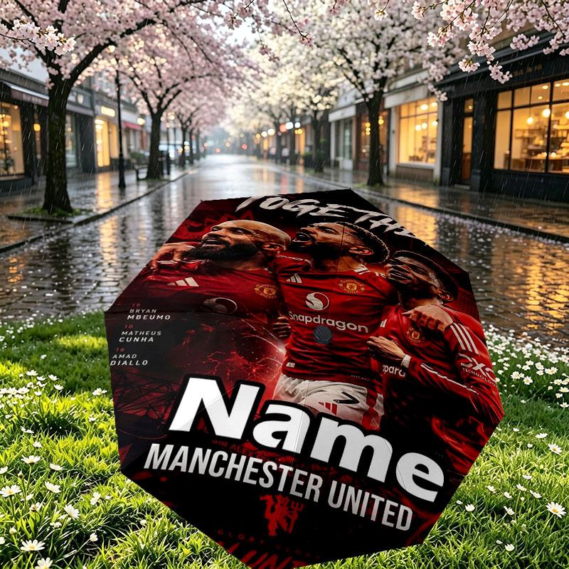 Custom Name Personalized Manchester United Print Umbrella, Auto Open Close, 8‑Rib Sturdy Frame, Commute Camping Hiking Use, Birthday Gift