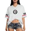 Women's V Neck Fashion Jersey Style Sport Top Short Sleeve Casual Loose Fit Pullover with Printed Number and Logo Design