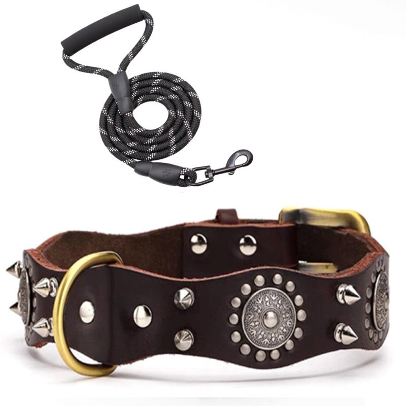 Dog Collar Spiked Studded Pet Necklace with Traction Rope For Small Medium Dogs Bulldog Adjustable Anti-Bite Collar