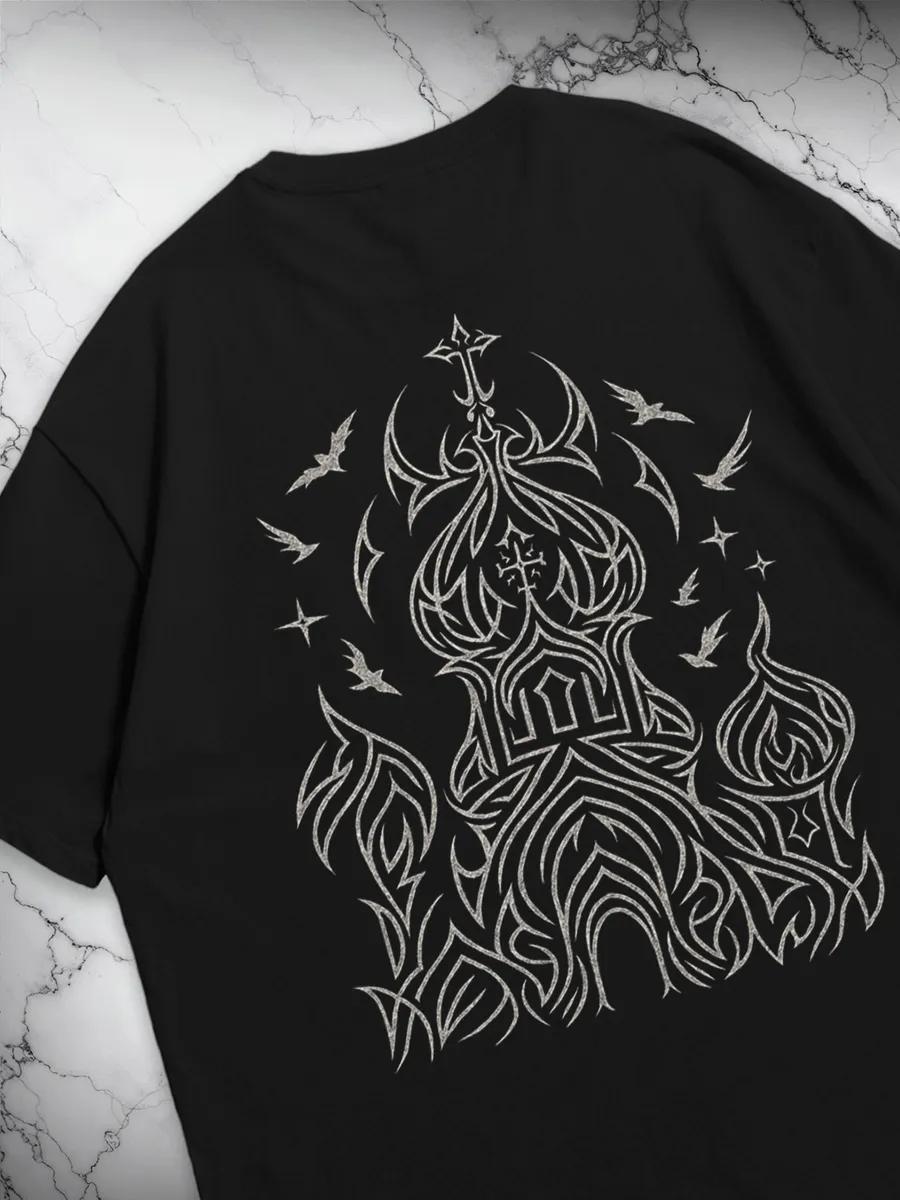 Oversized Y2K T-shirt with Russia vintage tribal print L