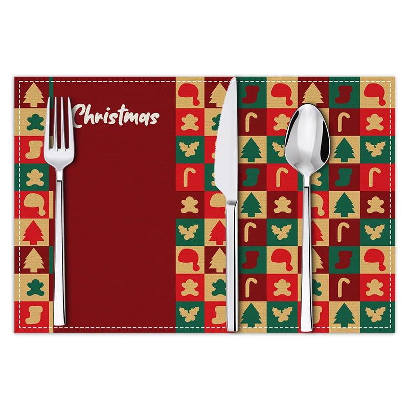 Christmas Plaid Placemat Linen Christmas Tree Snowman Print Table Mat Party Decoration Insulation Mat 30 X 45cm Coaster Placemat