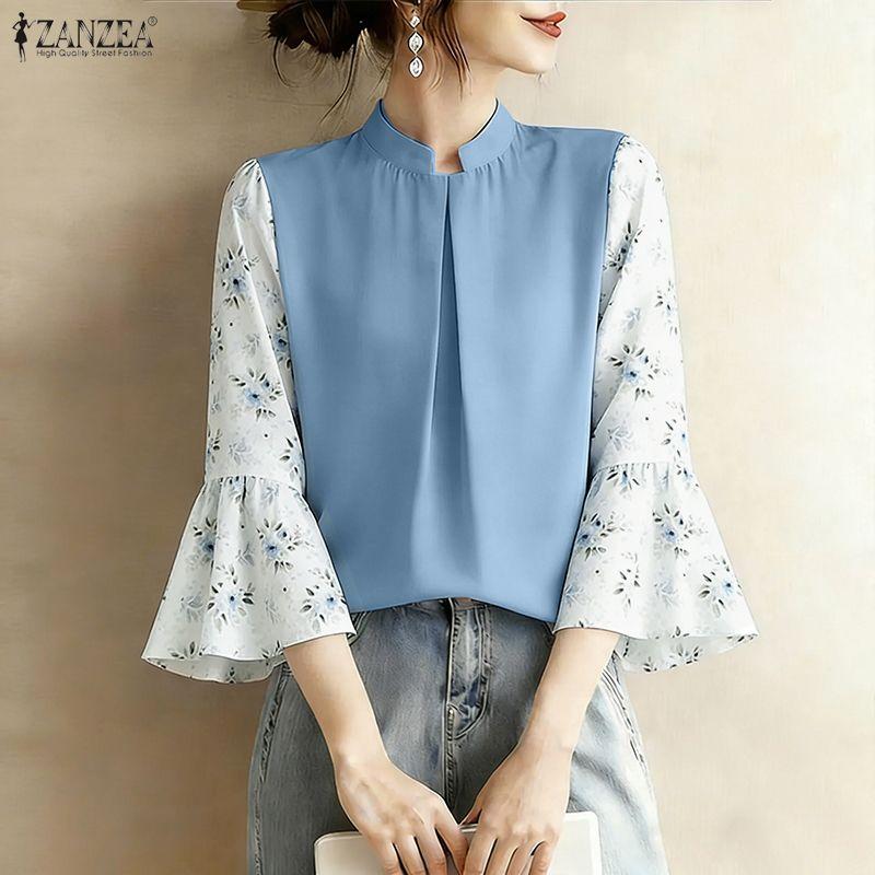 ZANZEA Women Casual Floral Print Splice 3/4 Sleeve Loose Blouse