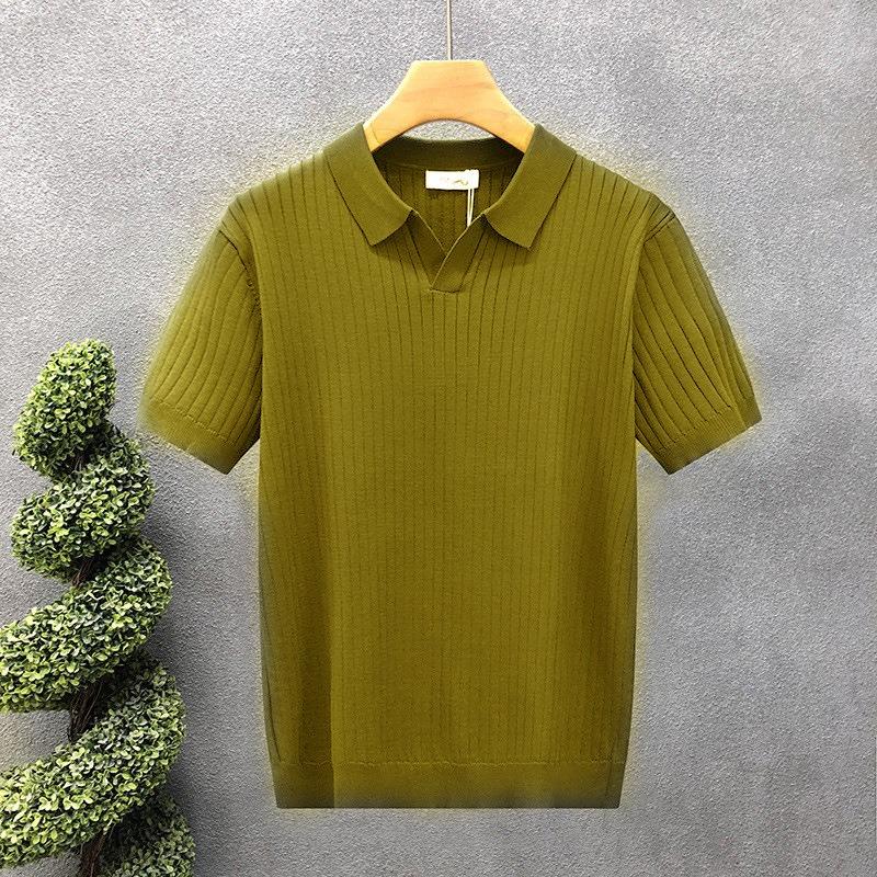 Men Casual Loose Short Sleeve Collared Color Block Big Size Knit Polo Shirt