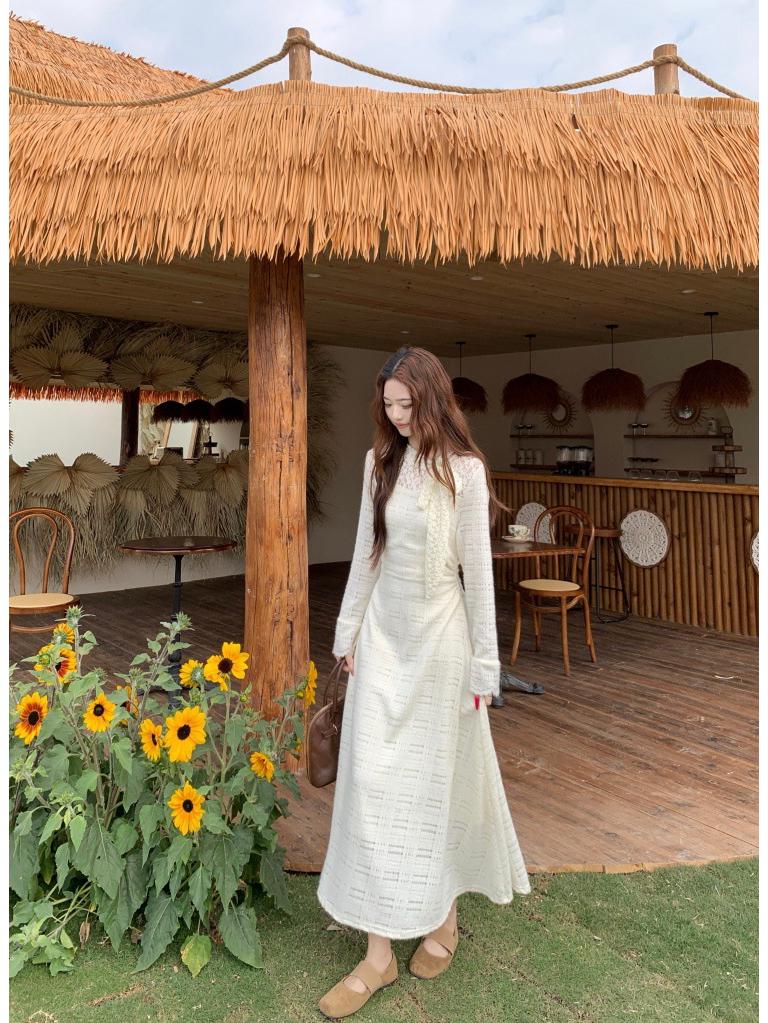 Women's High Neck Lace Crochet Dress with Bow Tie Waist, Long Sleeve, New 2026 Style