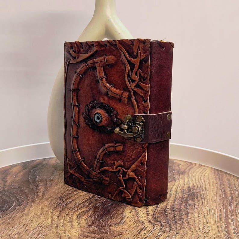 Spell Book of Shadows • Antique Leather Journal with Magic Eye & Lock • Halloween Decor, Witchcraft Grimoire, Wiccan Gift