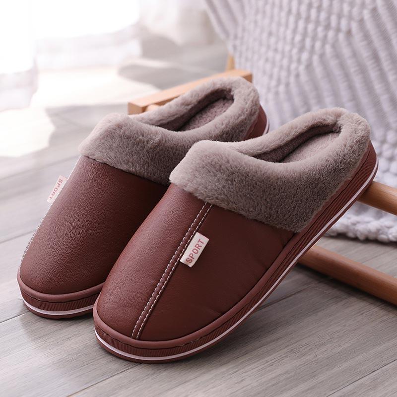 Women'S Slippers Indoor Warm Slippers Non-Slip Winter Ladies Leather Slippers Antifouling Couple Home Short Plush Flate Shoes