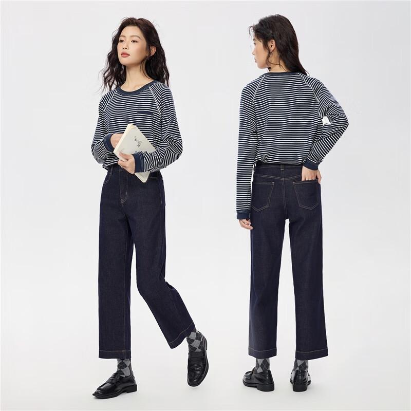 Giordano Women's High-Waisted Straight-Leg Contrast Stitch Jeans