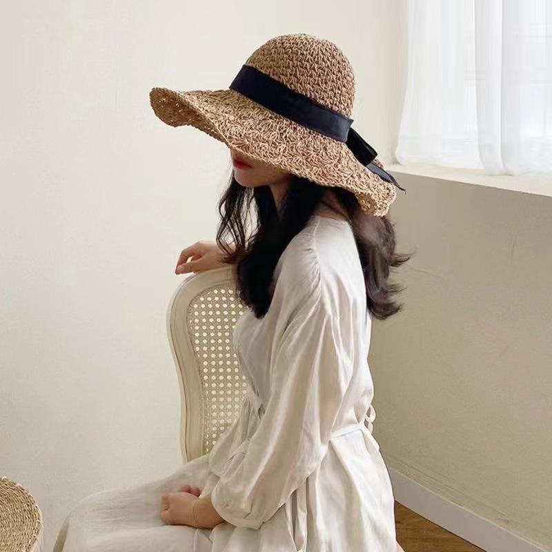 New Japanese Straw Hat Women's Summer Lace-up Large Brim Beach Hat Foldable Vacation Cool Hat Sun Protection Visor Hat