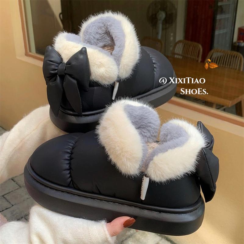 Bow Knot Short Ankle Snow Boots Women Winter Plush And Thick Insulation Waterproof Cotton Household Shoes Home Slipper Women