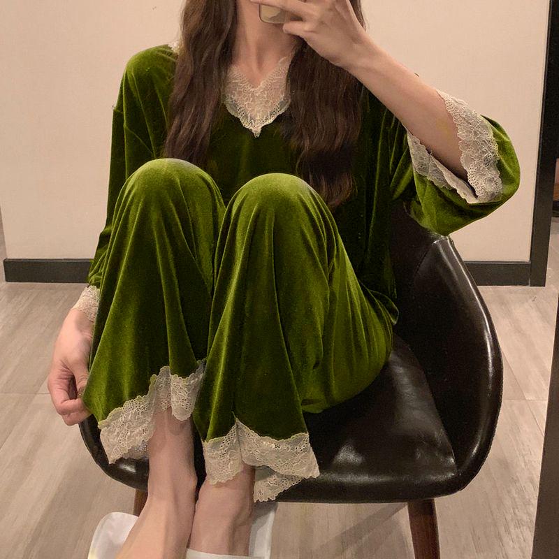 Gold Velvet Lace Pajama Set for Women Autumn and Winter Long Sleeve Women's Nightgown Set Plus Size Home Wear