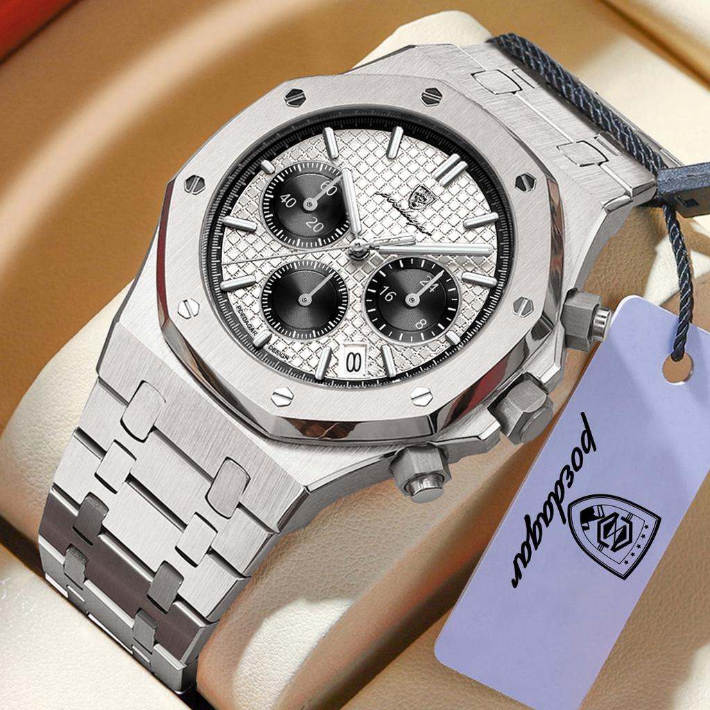 POEDAGAR Luxury Men's Watches Stainless Steel Date Chronograph Male Watch Waterproof Luminous Military Quartz Wristwatch