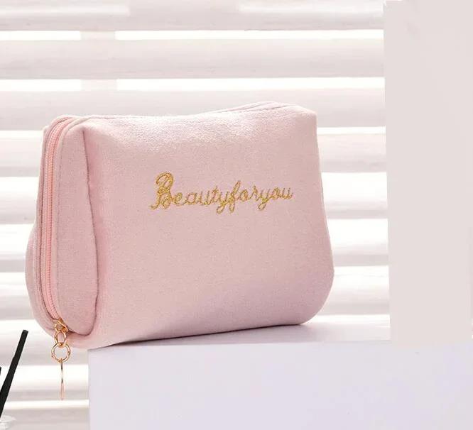 Women's Cosmetic Bag Zipper Velvet Letter Embroidery Solid Make Up Pouch for Cosmetics Toiletry Case Female Make Up Bags